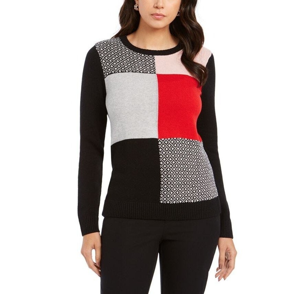 Charter Club Sweater Womens Plus 2X Black Red‎ Gray Color Block Pattern Knit